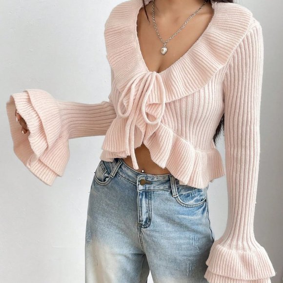 Apricot Casual Womens Ruffle Trim Knot Front Flare Sleeve Crop Cardigan - Picture 3 of 5